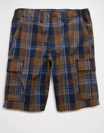 Washed Plaid Adjustable Waist Tab Cargo Men's Shorts With Multi‑Pocket Layout