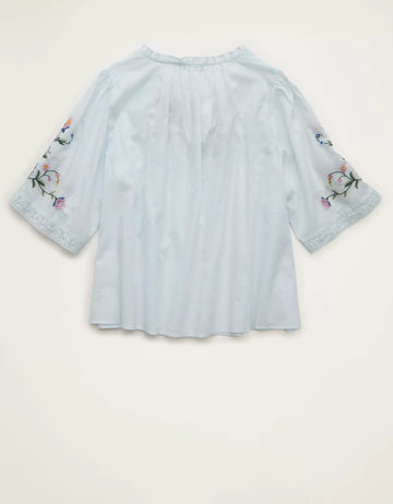 Embroidered Lace Inset Short Ruffled Sleeve Crop Top With Front Tie Closure