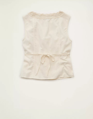 Lace‑Trim Scoop Neck Sleeveless Crop Top With Button Placket And Front Tie