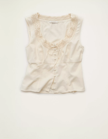Lace‑Trim Scoop Neck Sleeveless Crop Top With Button Placket And Front Tie