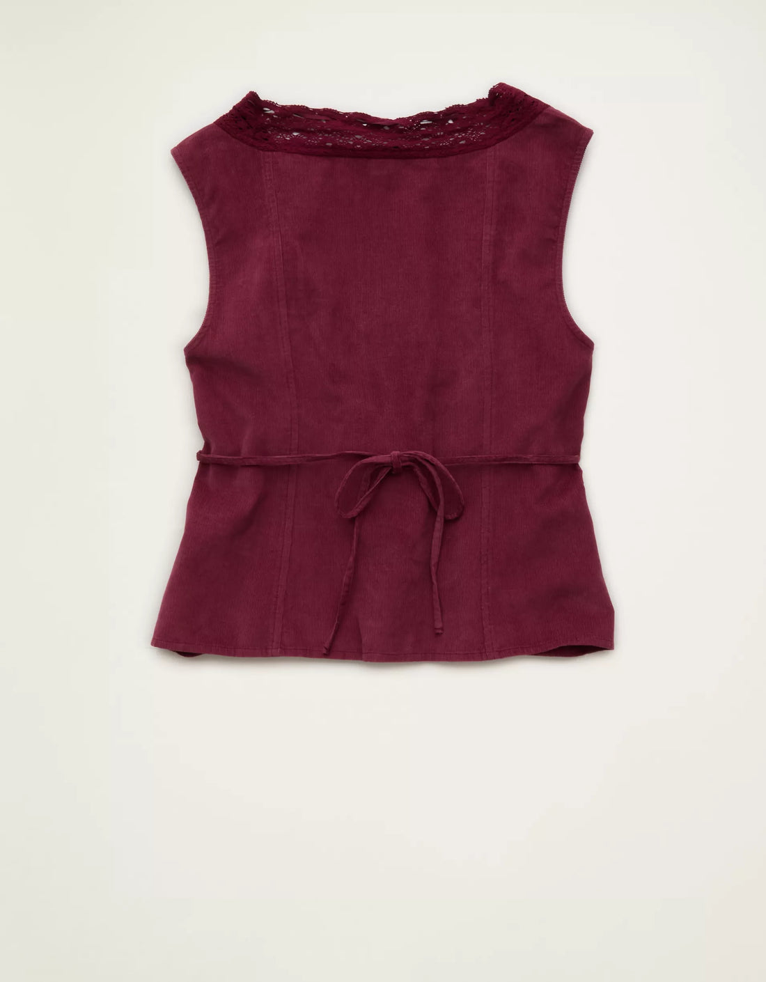 Sleeveless Lace‑Trim Scoop Neck Crop Top With Front Buttons And Back Tie Closure
