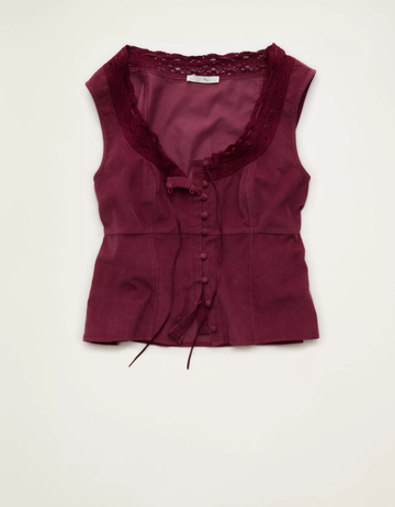 Sleeveless Lace‑Trim Scoop Neck Crop Top With Front Buttons And Back Tie Closure